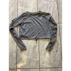 Gymshark Crop Top Shirt Womens Medium Gray Long Sleeve Thumbhole Drawstring